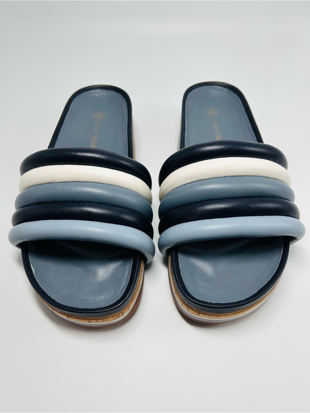 Tory Burch quilted platform slide sandals, colorblock navy, white, & blue. 8.5 - Picture 9 of 9
